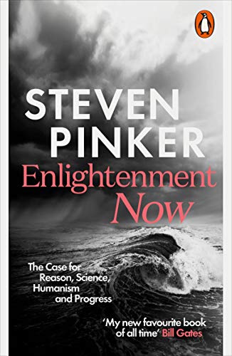 "Book cover with 'STEVEN PINKER Enlightenment Now' text, stormy sea, and Penguin logo."