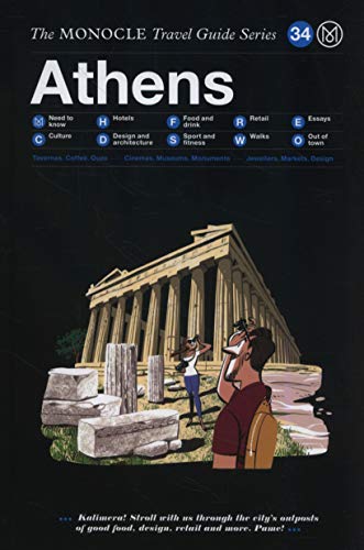 Monocle travel guide cover for Athens featuring an illustration of the Parthenon and tourists.