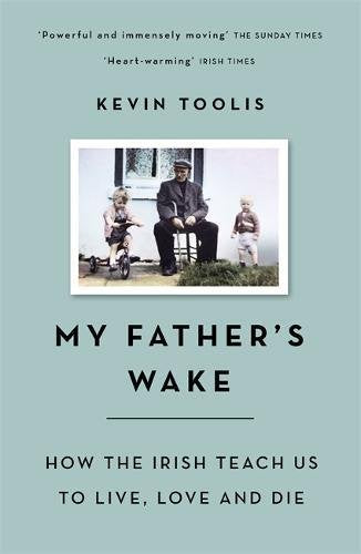 "Book cover with a man and children, title 'My Father's Wake' on a teal background."