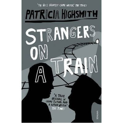 "Book cover of 'Strangers on a Train' featuring silhouettes of two people facing each other."