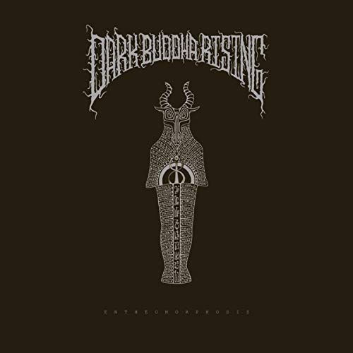 "Album cover with a black background, white text, and a central figure illustration."