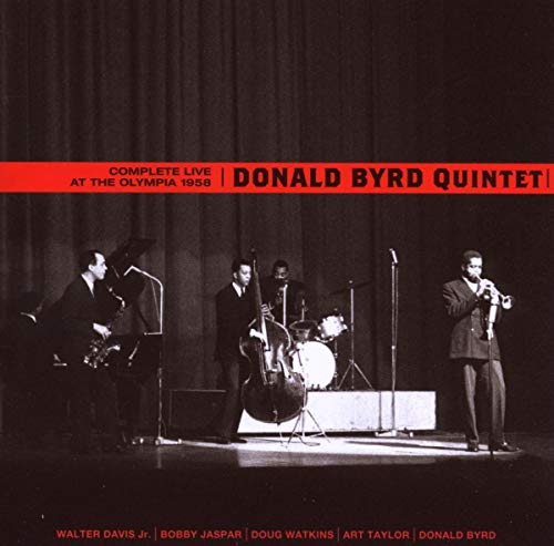 Black-and-white photo of Donald Byrd Quintet performing on stage with red text overlay.