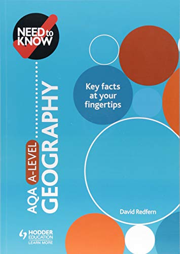 The image depicts the cover of a geography textbook. "Blue textbook cover with 'Need to Know: AQA A-level Geography' and overlapping circles."
