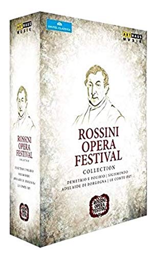 "White DVD box set with 'Rossini Opera Festival Collection' text and a sketched man's portrait."