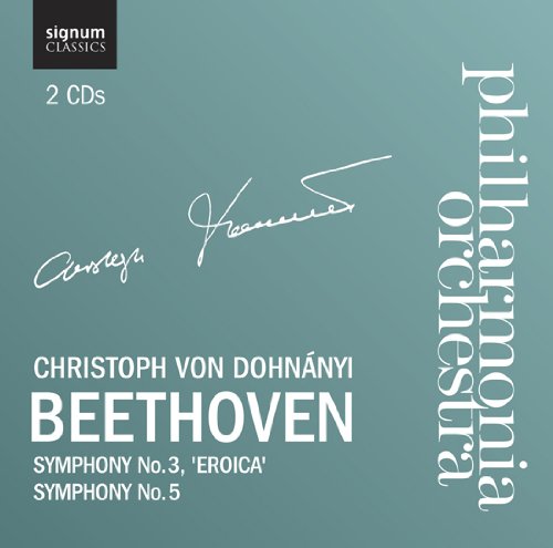 Teal CD cover with white text and two signatures, featuring Beethoven's symphonies.