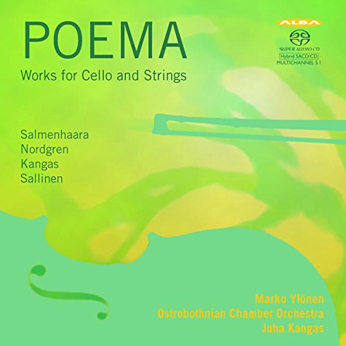 "CD cover with green background, abstract cello image, and 'POEMA' title in dark green text."
