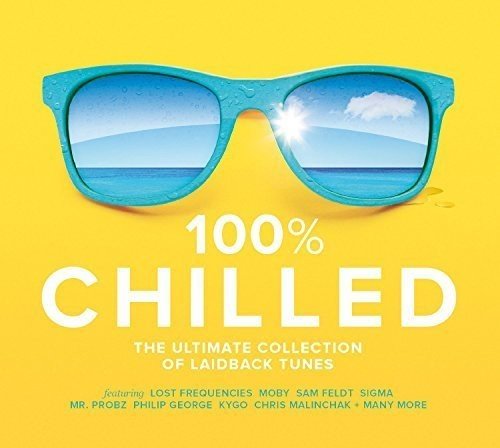 "Album cover with blue sunglasses reflecting a beach scene on a yellow background."