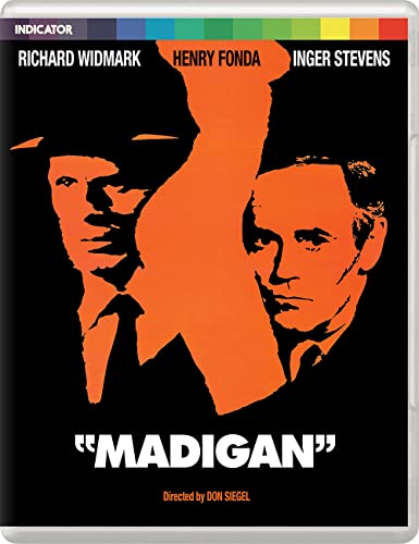 "Blu-ray case cover for 'Madigan' with orange silhouettes on a black background."