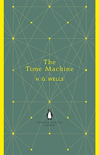 "Green book cover with yellow grid pattern, title 'The Time Machine' and Penguin logo."