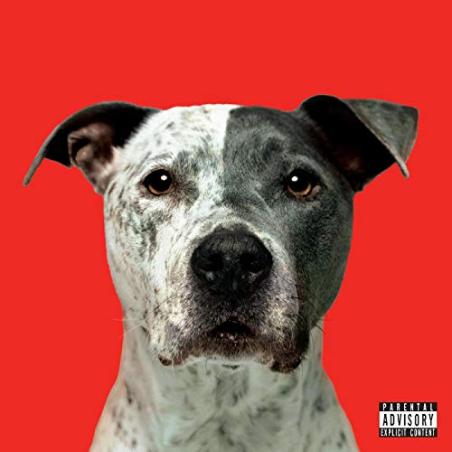 Album cover featuring a dog's face, split-colored, against a red background.