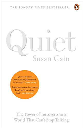 "Book cover: white background, large 'Quiet' title, author's name, and orange review circle."