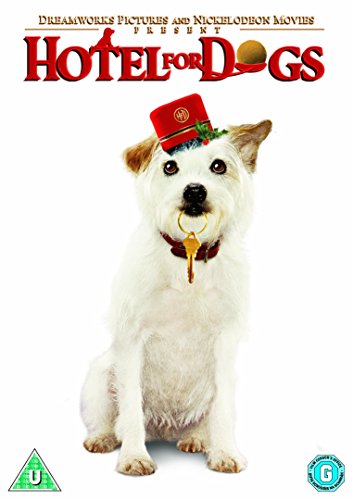 "White dog wearing red hat and collar with key, on DVD cover."