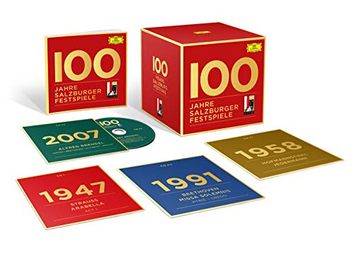 Red box set with "100 Jahre Salzburger Festspiele" text and assorted colored CDs and booklets.
