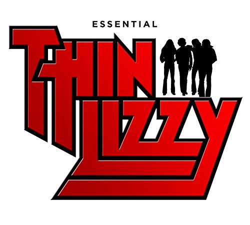 "Album cover with 'ESSENTIAL THIN LIZZY' in red, black silhouettes of band members."