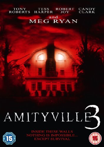 "Amityville 3 DVD cover with a red-lit house and actor names listed."