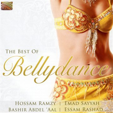 A woman's torso in a yellow bellydance costume on a white album cover.