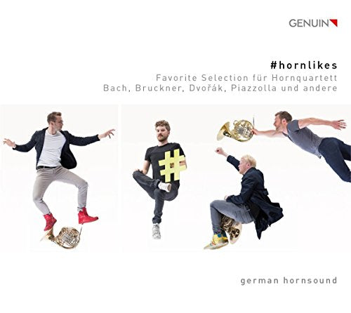 CD cover with four men jumping while holding French horns, on white background.