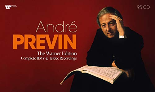 Red box set with various CDs and booklets featuring Andre Previn on a white background.