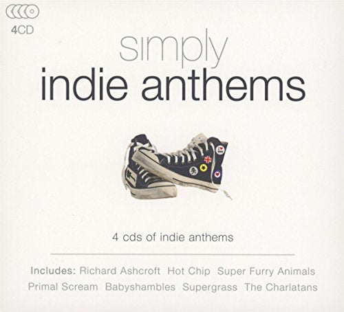 "CD cover with 'Simply Indie Anthems' title, sneakers, and artist list on a white background."