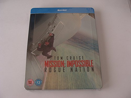 "Blu-ray case with a man hanging from a plane, 'Mission Impossible: Rogue Nation' title."