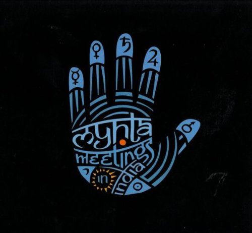 A blue handprint on a black background with text "Mynta meetings in India".
