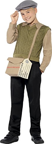 Smiffys Childrens Evacuee Boy Kit, Jumper with Attached Shirt, Hat, Bag and Tag, Colour: Green, Size: S, 44066