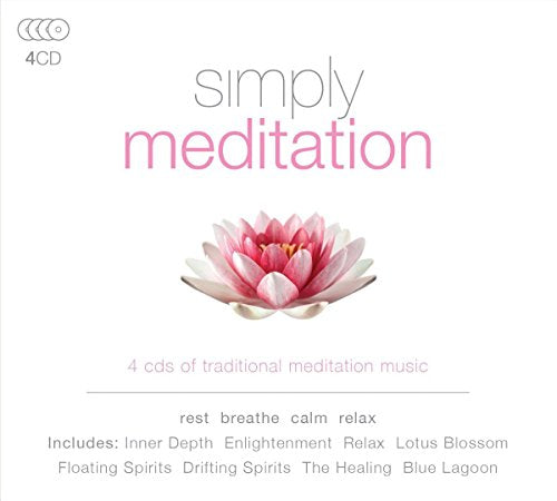 "CD cover with 'Simply Meditation' title, pink lotus flower, and 4CD label on white background."