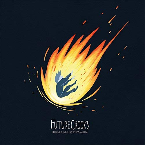 A vinyl record cover with a person falling into a fiery comet on a black background.