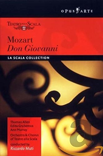 The image is a DVD cover for "Mozart Don Giovanni". The alt text is: "DVD cover with red and black design, featuring ornate metalwork pattern."