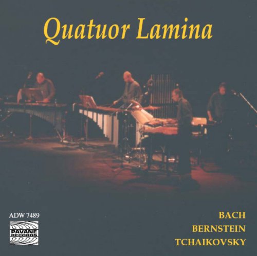 The image shows a CD cover with a group of musicians on stage. * The musicians are playing various percussion instruments. * The title "Quatuor Lamina" is written in yellow text at the top. * The background is dark, with a faint red glow. Alt text: "CD cover with musicians playing percussion instruments on a dark stage."