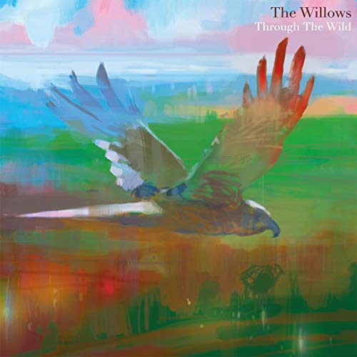 "Album cover art featuring a bird in flight against a colorful, abstract landscape."