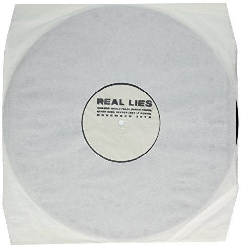 Vinyl record in a white sleeve with "Real Lies" label on center.