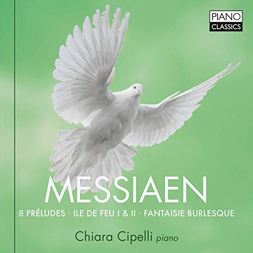 "CD cover with a white dove on a green background, featuring 'MESSIAEN' in large text."