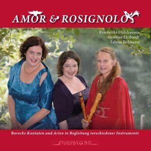 CD cover with three women in formal dresses, holding instruments, on a red background.