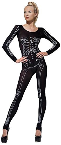 Woman wearing a black bodysuit with a white skeleton print on a white background.