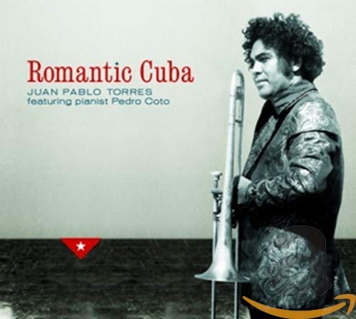"Album cover with man holding trombone, Cuban flag, and 'Romantic Cuba' title."