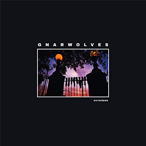 "Black vinyl album cover with silhouetted figures at a fence under a purple sky."