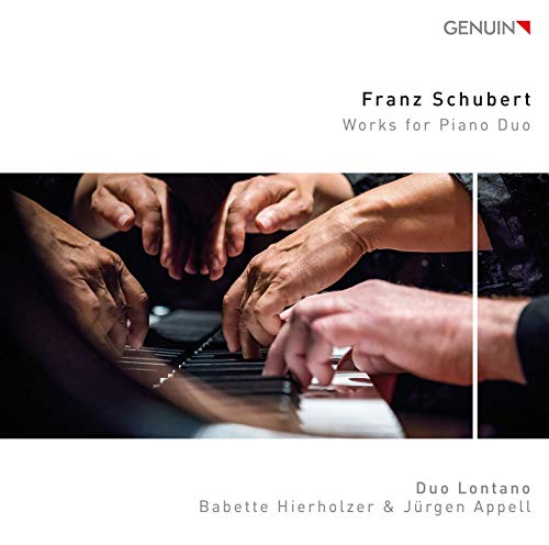 "CD cover with four hands playing piano keys, white background, and text."