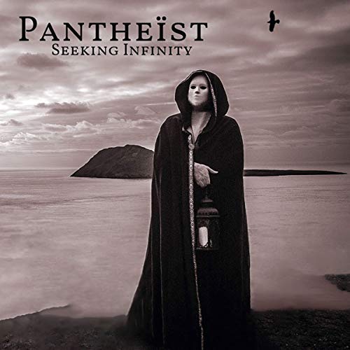 "Album cover with a woman in a dark hooded cloak standing by the water."