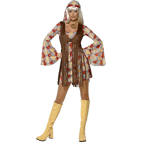 A woman in a 1960s hippie costume, featuring a floral dress and yellow boots.