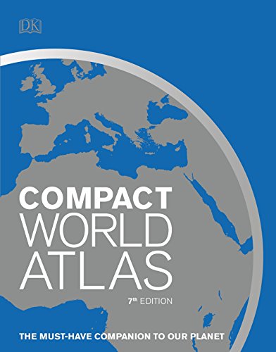 "Blue book cover with gray globe and white text, titled 'Compact World Atlas'."