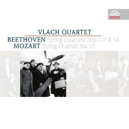CD cover featuring Vlach Quartet with Beethoven and Mozart string quartets, monochrome image.