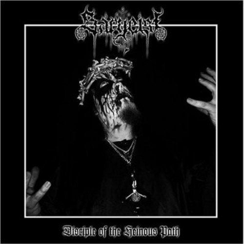 "Album cover with a man wearing a crown of thorns, hands raised, on a black background."