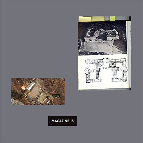 The image depicts a vinyl record cover featuring two aerial photographs and a floor plan. Alt text: "Vinyl record cover with aerial photos and building floor plan."