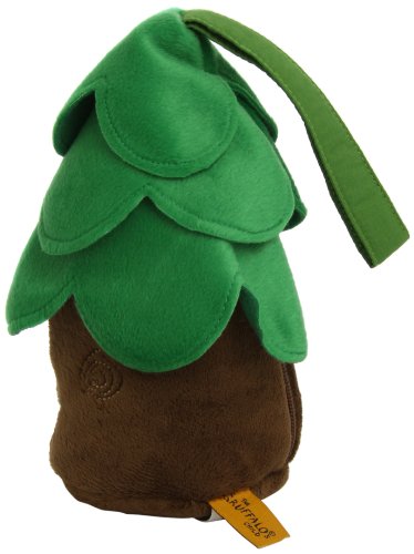 Brown felt bag with green leaf-shaped cover and strap, featuring a yellow tag.