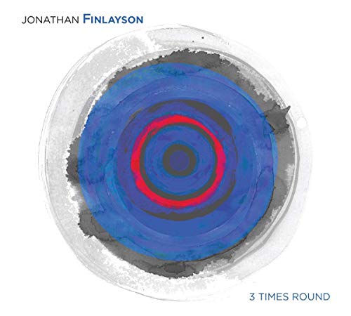 "Album cover with abstract blue, red, and black concentric circles on white background."