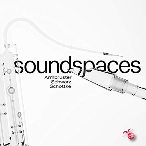 "CD cover for 'Soundspaces' with transparent trumpet and text on a white background."