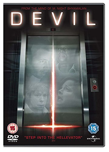 DVD cover for "Devil" showing an elevator with four faces and a red cross.