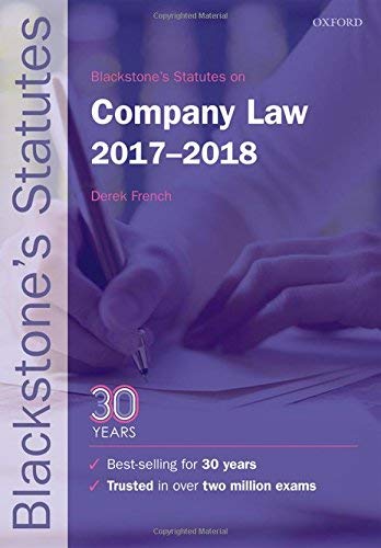 "Book cover with purple background, text 'Blackstone's Statutes on Company Law 2017-2018' and a hand writing."