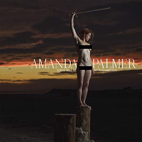 Nude woman holding sword on wooden post against a dark, cloudy sunset background.
